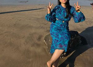 Blue Floral Print Cutout Midi Dress