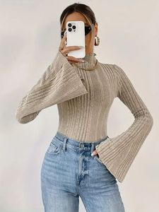 Ribbed Bell Sleeve Mock Neck Top
