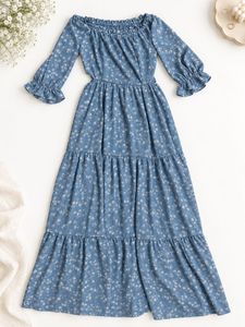 Blue Floral Off-Shoulder Maxi Dress