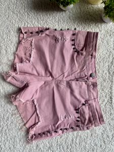 Pink Studded Distressed Denim Shorts
