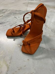 Orange Square Toe Heeled Sandals