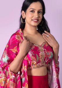Dark pink printed silk jacket style plazzo suit