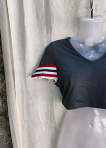 Grey Cropped V-Neck Top with Striped Sleeves