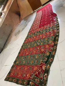 Red &amp; Green Embellished Saree
