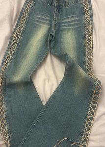 Y2k Bohochic blue jeans w beige lace