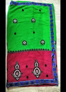 Elegant Green &amp; Rani Pink Embroidered Saree 🌸