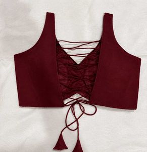 Maroon Lace-Up Blouse with Gold Trim