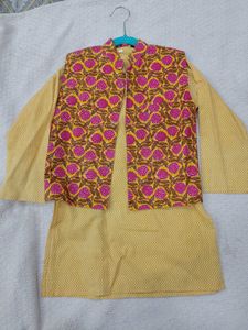 Yellow Kurta Set with printed Jacket