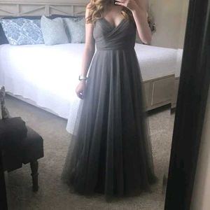 Elegant Gray Formal Gown flared net mesh
