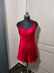 Silky Red Nightgown with Lace Trim