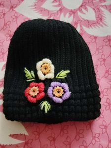Black Beanie with Embroidered Flowers