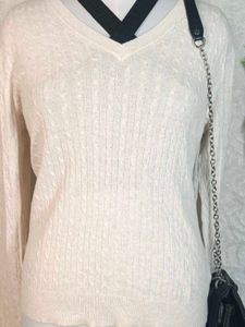 Cream Cable Knit V-Neck Sweater