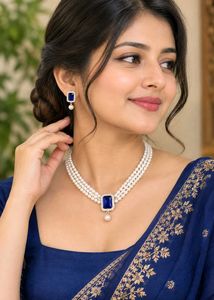 Elegant Pearl & Blue Stone Necklace Set