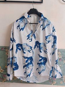 Elegant White & Blue Floral Printed Shirt