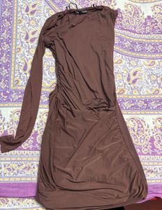 Brown Ruched One-Sleeve Dress