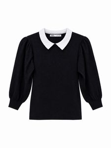Zara Black Puff Sleeve Top with White Collar