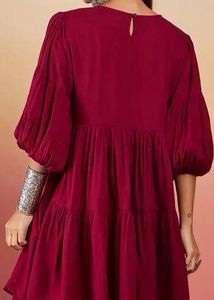 Elegant Maroon Tiered Flare Dress with Puff Sleeve
