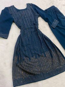 Teal Blue Rhinestone Work Kurti &amp; Parallel Trouser