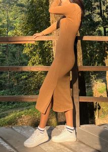 Brown Ribbed Knit Bodycon Dress