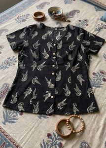 Unique Bird Print Button-Up Blouse