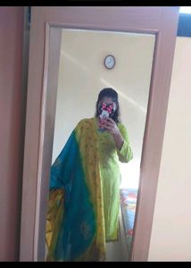 Lime Green Kurta Set with Teal Dupatta