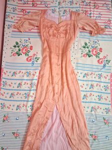 Elegant Peach Puff Sleeve Dress