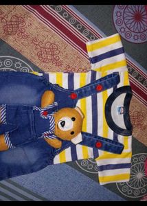 Cute Teddy Bear Denim Overalls Set