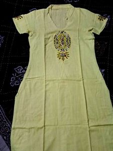 Greenish Yellow Embroidered Kurta