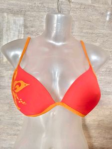 Vibrant Red Bikini Top with Tropical Print