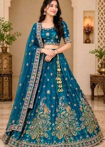 Stunning Teal Peacock Embroidered Lehenga Choli