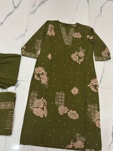 Olive Green Embroidered Kurti Set