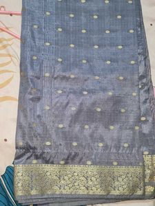 Elegant Grey Saree with Golden Motifs