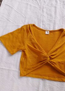 Mustard Yellow Ribbed Twist Front Top
