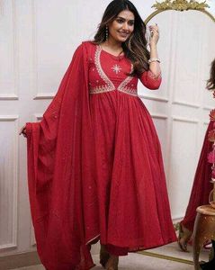 Red Anarkali embroidery set