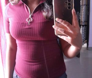 Burgundy Ribbed Zip-Up Top