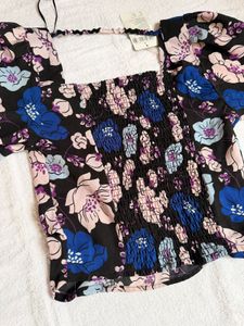 Floral Puff Sleeve Crop Top with smocked back