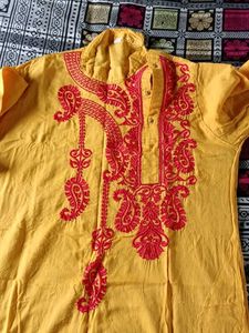 Vibrant Yellow Kurta with Red Embroidery