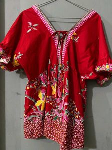Red Floral Print Kaftan Top