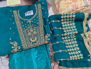 Teal Embroidered unstitched Kurta with Dupatta