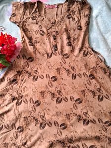 Coffee Cloured Leaf Printed Long Top
