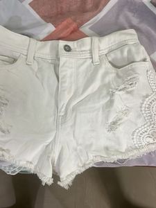 White Lace Detail Ripped Denim Shorts