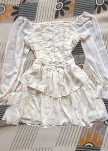 off white Elegant coquette Ruffle Dress