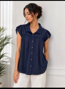 Flowy Navy Blue Gathered Workwear Top