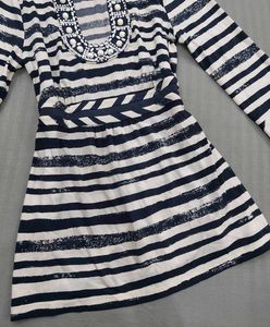 Striped Tunic Top with Embellished Neckline