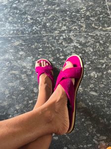 Fuchsia Velvet Cross Strap Slides