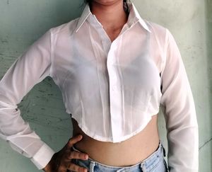 Sheer White Cropped Button-Up Shirt