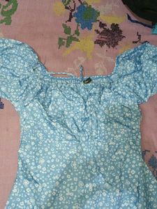 Cute Blue Floral Puff Sleeve Dress