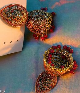 Red &amp; Gold Jhumka Earrings with Stones