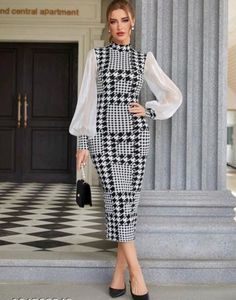 Houndstooth Midi Dress with Sheer Sleeves