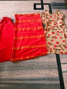 Beautiful Girls Look Plazo  Suit  With Dupatta  Febric Satan Silk  Colour  Brown&amp;  Red  For Girls 19-20 Years   Design Bajoo   Size XS  Margin Also